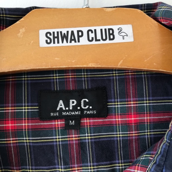 A.P.C. red navy plaid shirt snap buttons ruffled front - Picture 3 of 4